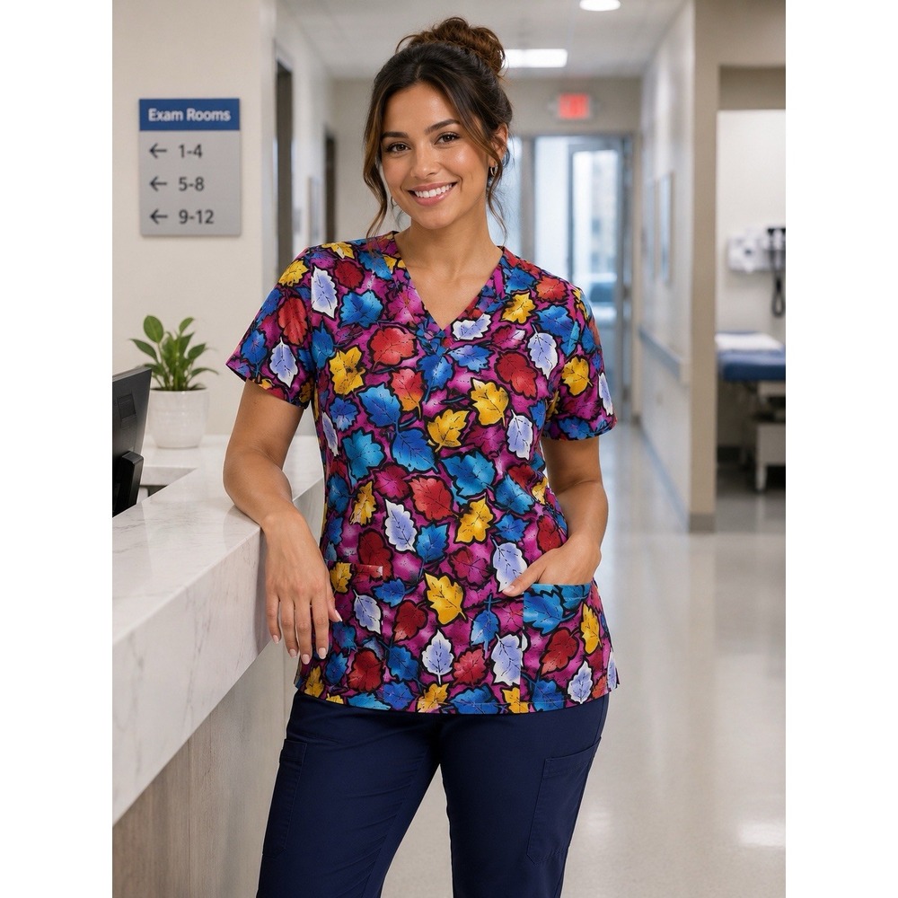 Fashion Scrubs Women's Scrub Top Large Fall Leaves Pink Background Colorful